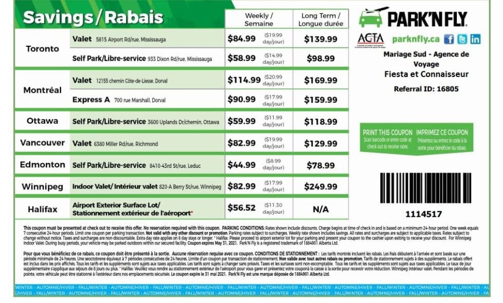 Park and fly coupon rabais Stationnement aéroport Montréal Park'n