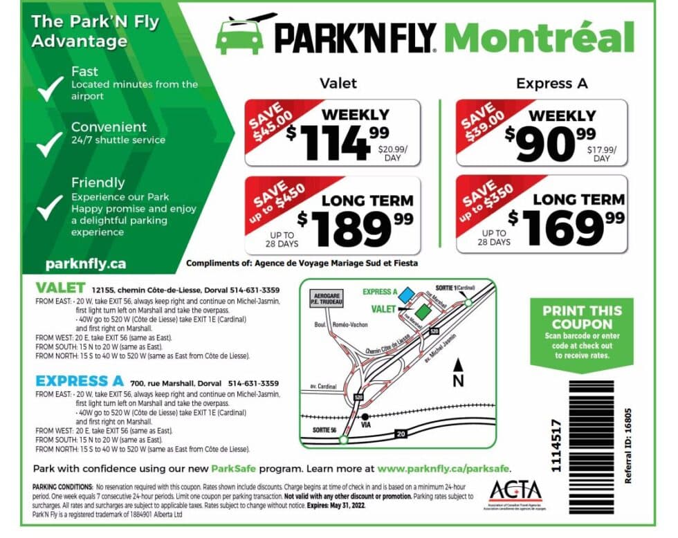 Park and fly coupon rabais Stationnement aéroport Montréal Valet park